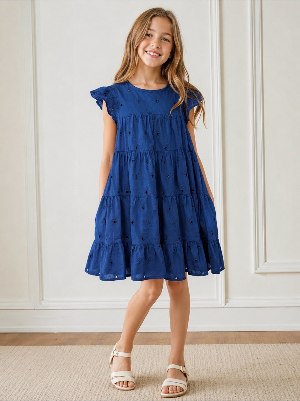Simply Southern Girls Navy Blue Eyelet Tiered Dress | Size Large